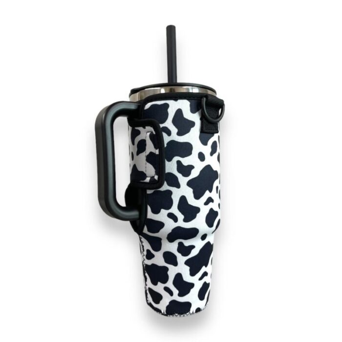 black and white cow 40oz tumbler with handle sleevedrink handlers 161938