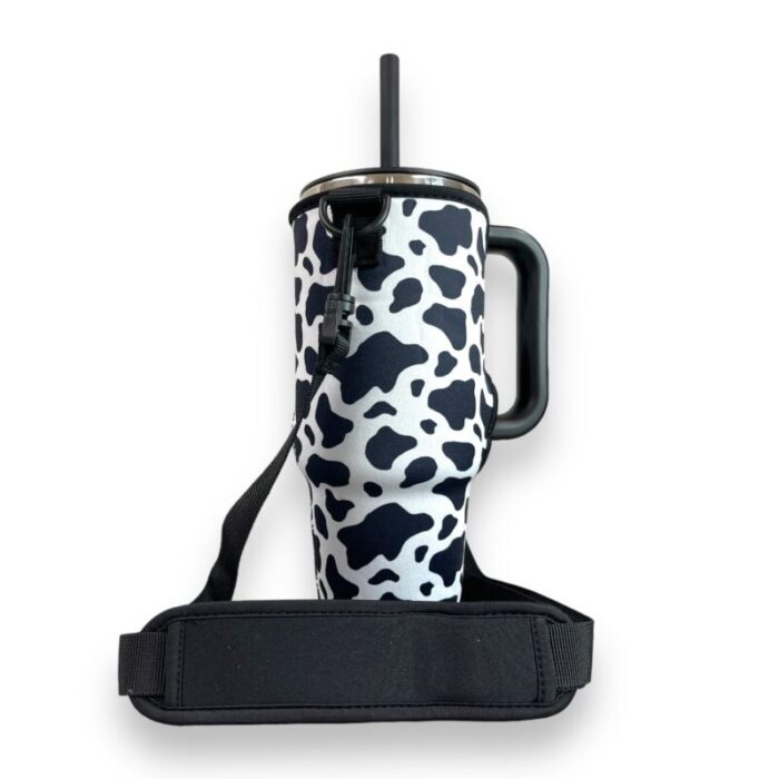 black and white cow 40oz tumbler with handle sleevedrink handlers 641624