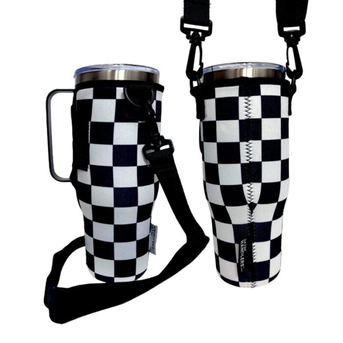 checkerboard 40oz tumbler with handle sleevedrink handlers 281504