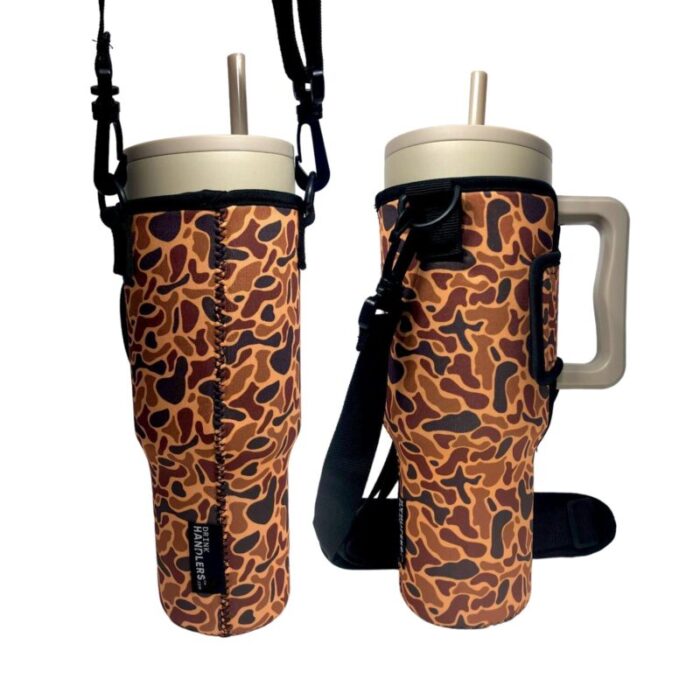 old school camo 40oz tumbler with handle sleevedrink handlers 532698